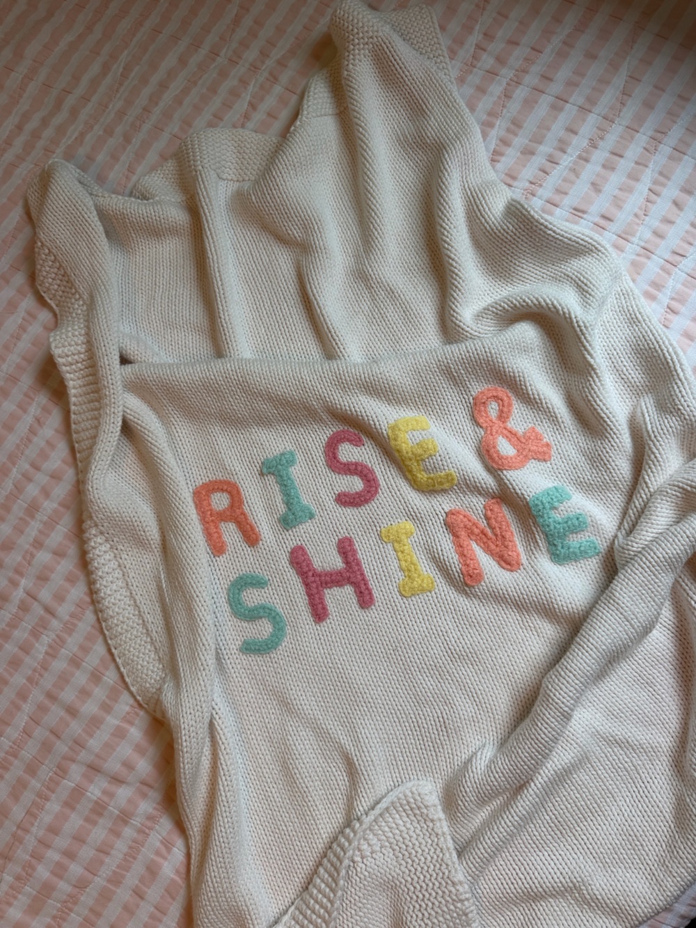 Pottery Barn Kids Cream Baby Knit Blanket with Pastel Letters